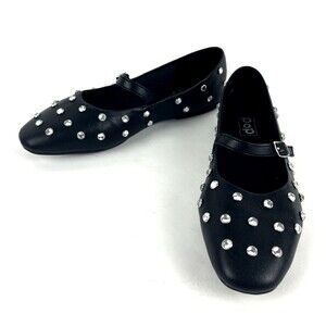 POP Womens Black Flats Ballet Shoes Slip-on Silver Rhinestones Bling  SZ 7.5 NEW